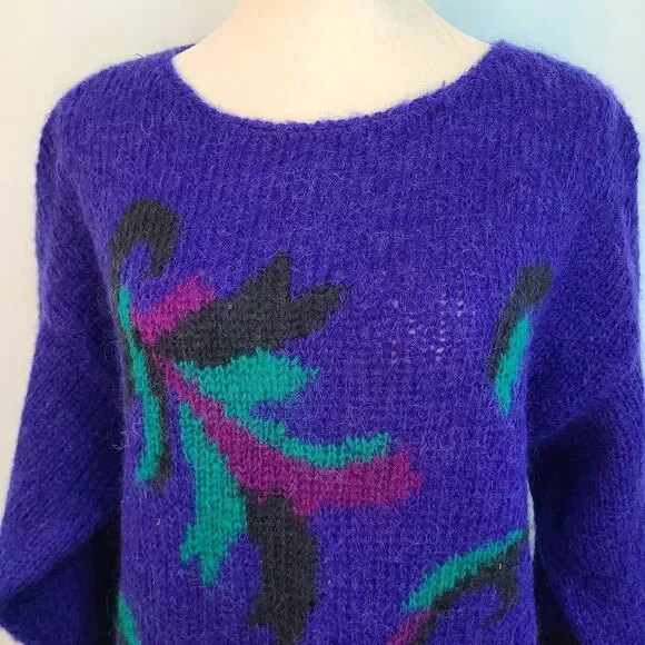 Cambridge Spirit Women L Purple Colorful Wool Blend Abstract 80's Style Pullover - Picture 5 of 13
